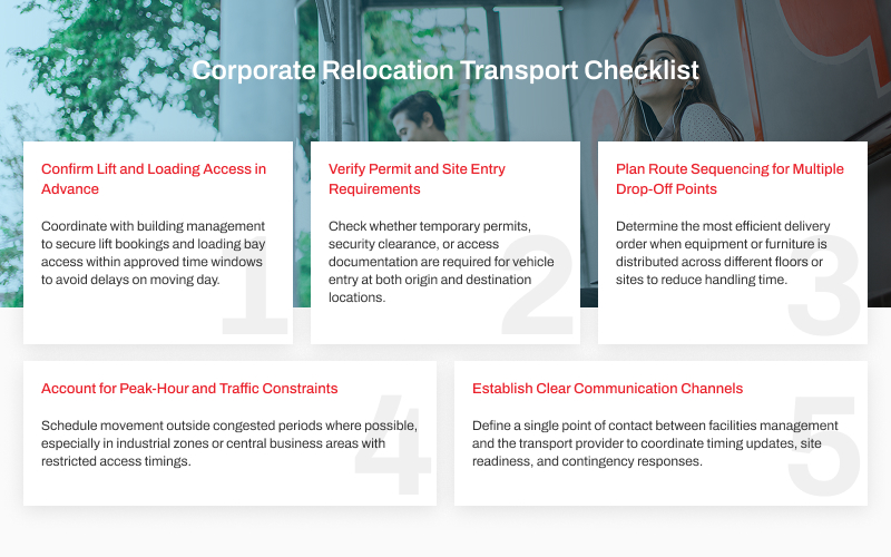 A corporate relocation transport checklist highlighting key steps